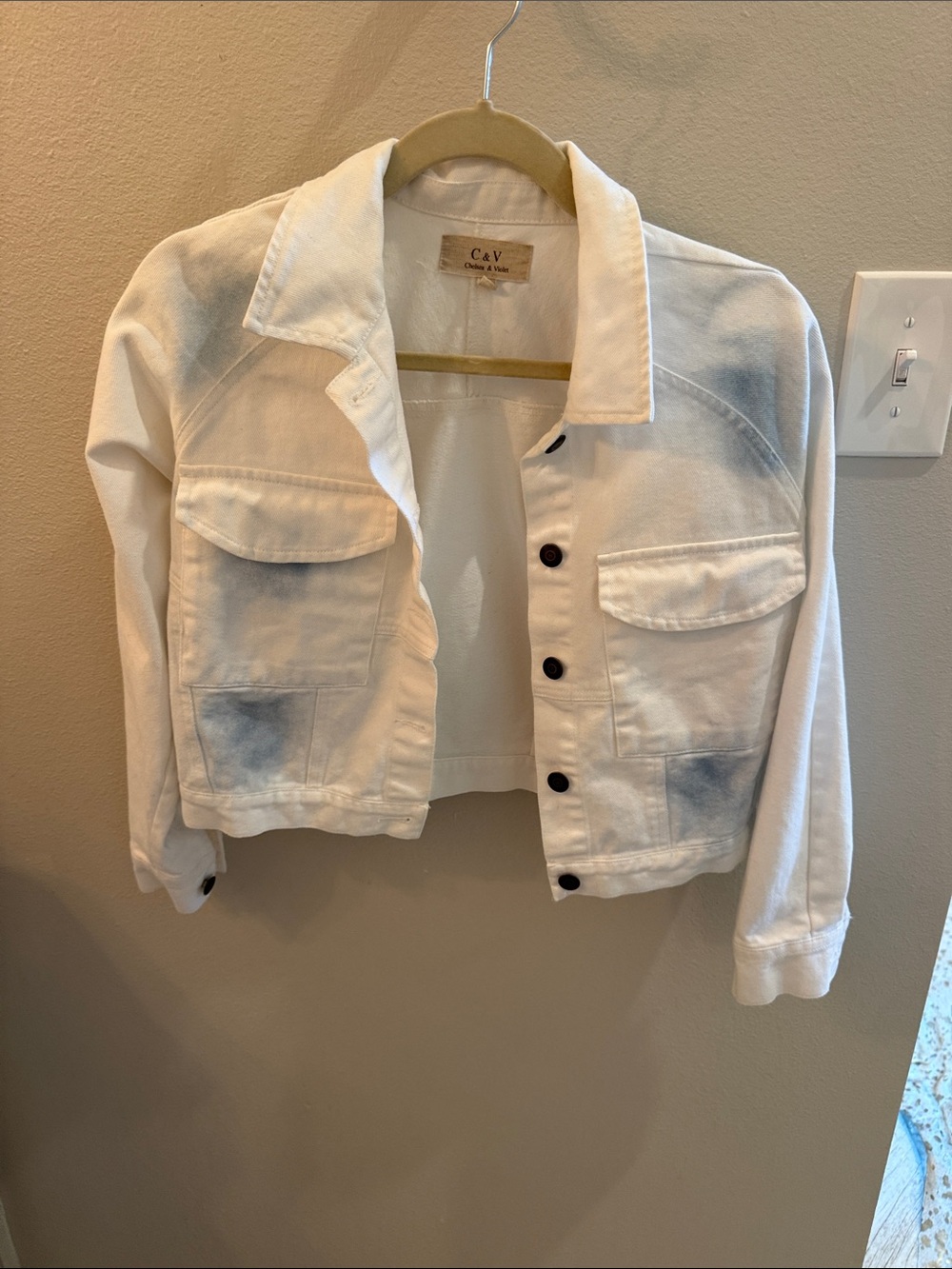 Chelsea & Violet White Denim Crop Jacket with Light Blue Accents